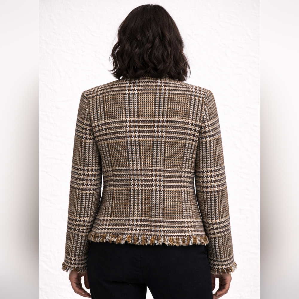 Calvin Klein Brown Tweed Fringe Jacket | Size 12 | Chic Textured Blazer NWT - Picture 2 of 6